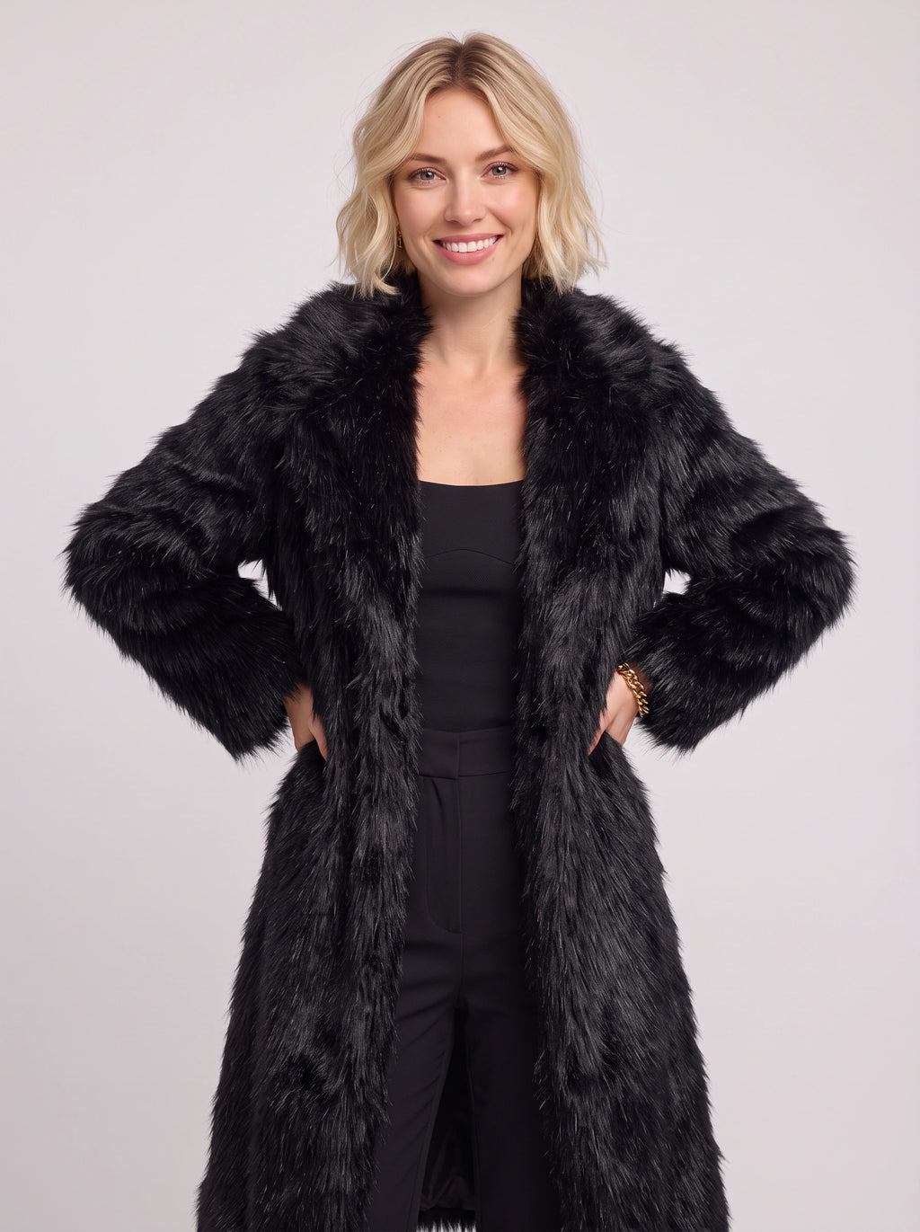 Shawlane Longline Faux Fur Coat – Women Long Fluffy Jacket Winter Evening Party Oversized Outerwear Coat