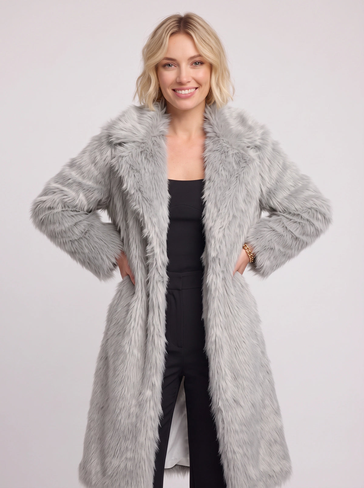 Shawlane Longline Faux Fur Coat – Women Long Fluffy Jacket Winter Evening Party Oversized Outerwear Coat