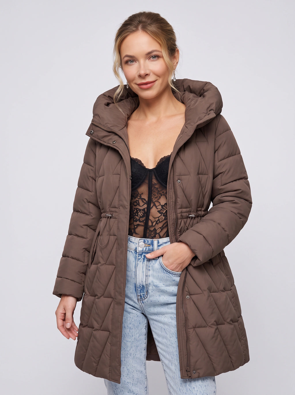 Diaquiln Longline Hooded Puffer Coat – Quilted Padded Women Winter Coat Casual Warm Outerwear