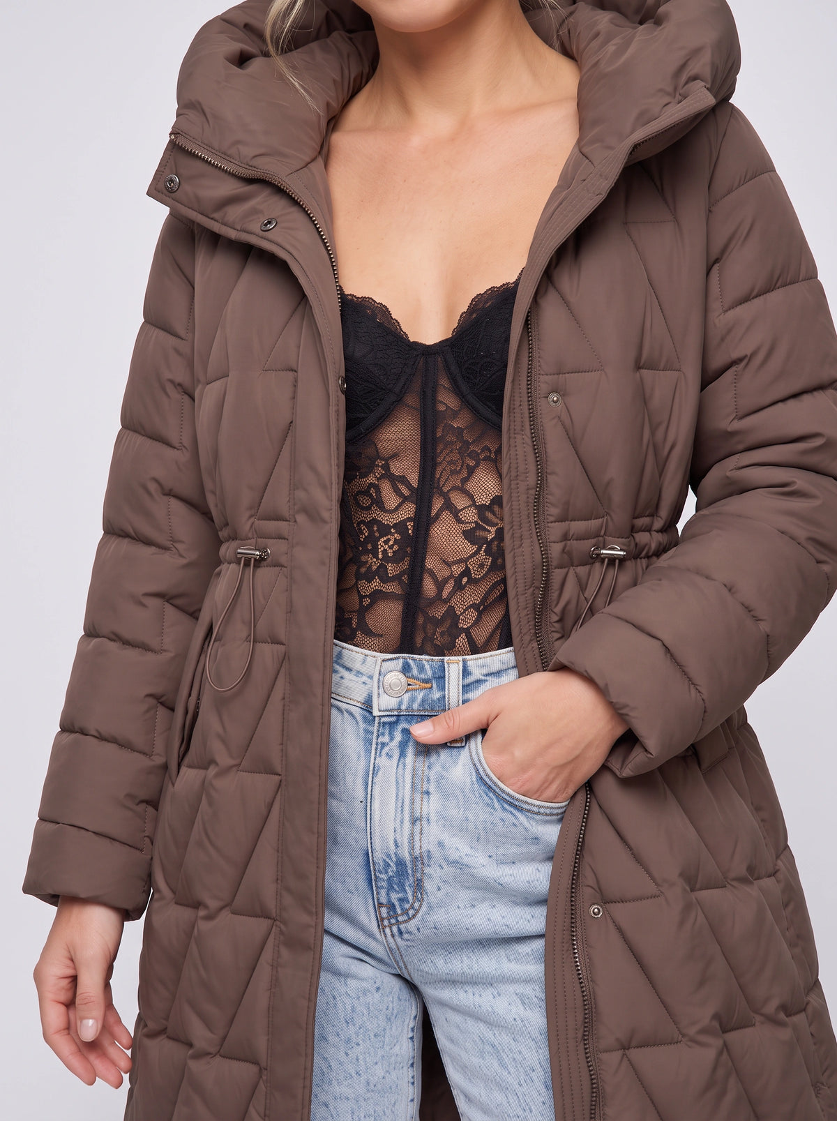 Diaquiln Longline Hooded Puffer Coat – Quilted Padded Women Winter Coat Casual Warm Outerwear
