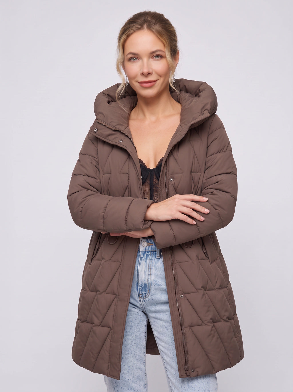 Diaquiln Longline Hooded Puffer Coat – Quilted Padded Women Winter Coat Casual Warm Outerwear