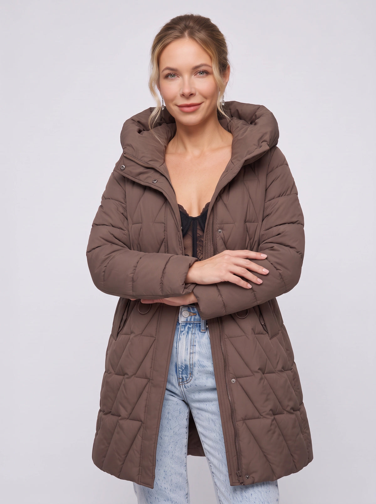 Diaquiln Longline Hooded Puffer Coat – Quilted Padded Women Winter Coat Casual Warm Outerwear