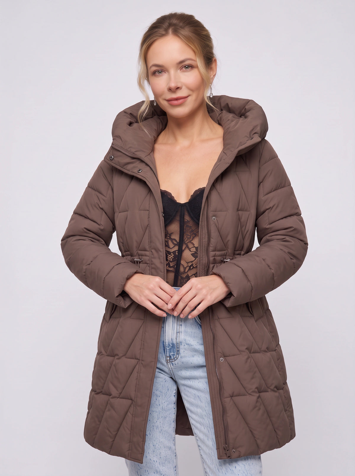 Diaquiln Longline Hooded Puffer Coat – Quilted Padded Women Winter Coat Casual Warm Outerwear