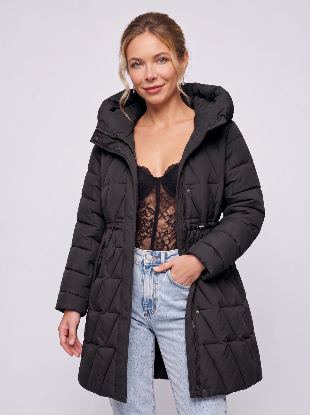 Diaquiln Longline Hooded Puffer Coat – Quilted Padded Women Winter Coat Casual Warm Outerwear