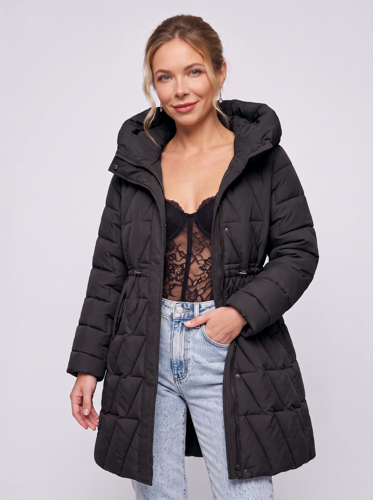Diaquiln Longline Hooded Puffer Coat – Quilted Padded Women Winter Coat Casual Warm Outerwear