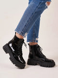 Tredriga Lace-Up Platform Ankle Boots – Patent Leather Chunky Sole Women Streetwear Grunge Combat Ankle Boots