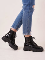 Tredriga Lace-Up Platform Ankle Boots – Patent Leather Chunky Sole Women Streetwear Grunge Combat Ankle Boots