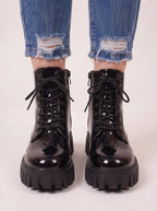 Tredriga Lace-Up Platform Ankle Boots – Patent Leather Chunky Sole Women Streetwear Grunge Combat Ankle Boots