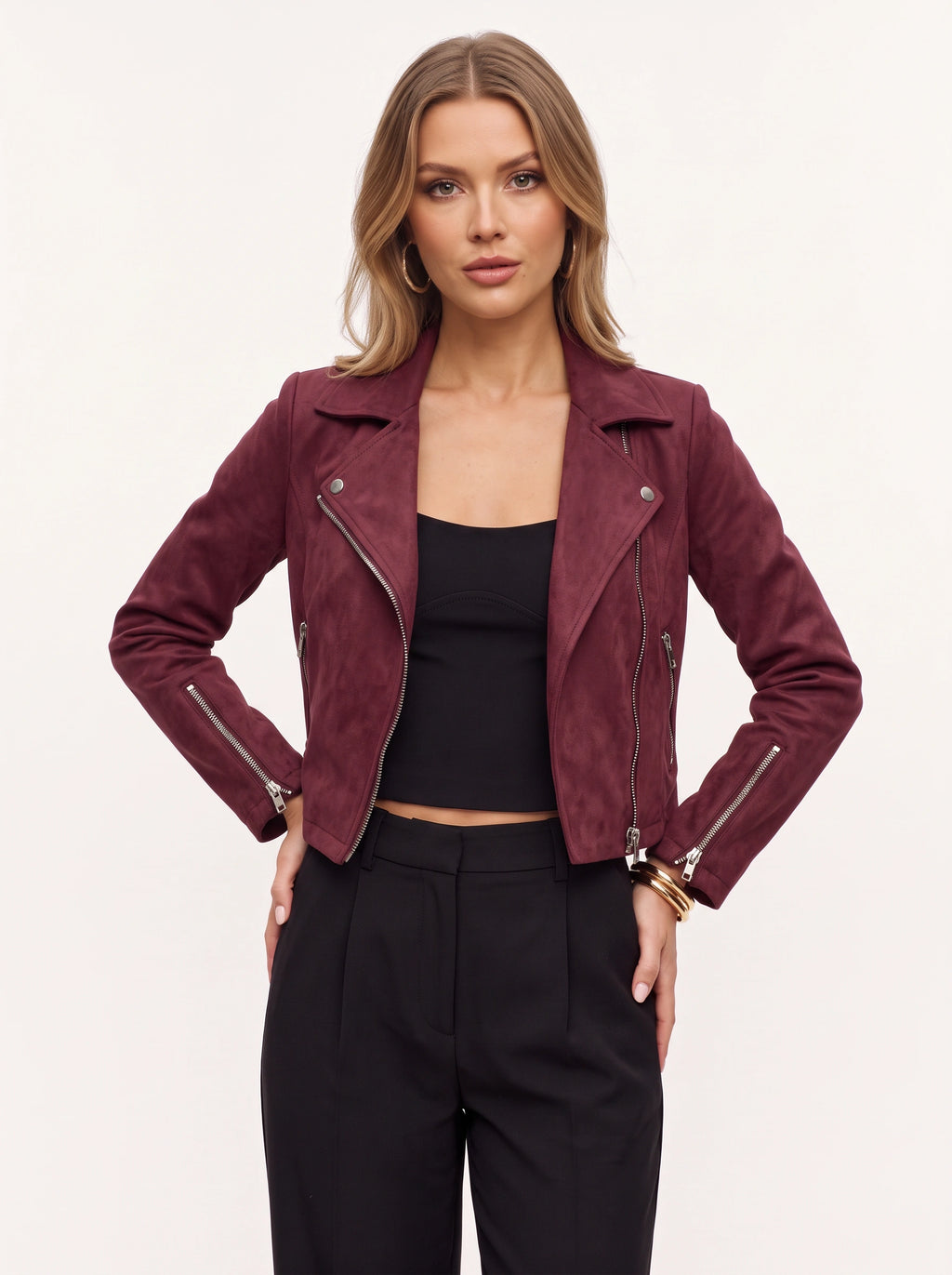 Diagyn Suede Biker Jacket – Women Cropped Moto Jacket Fall Casual Evening Streetwear Asymmetric Zip Jacket