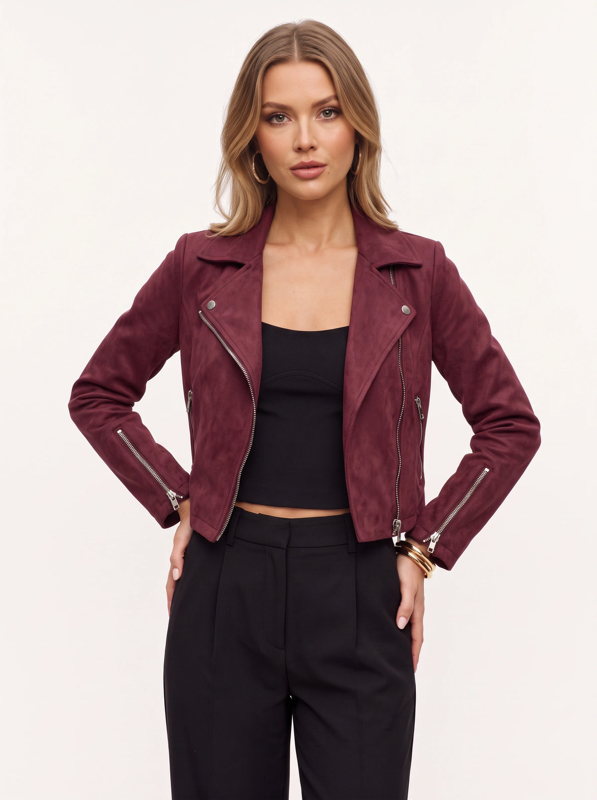 Diagyn Suede Biker Jacket – Women Cropped Moto Jacket Fall Casual Evening Streetwear Asymmetric Zip Jacket