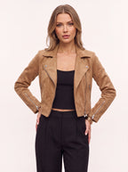 Diagyn Suede Biker Jacket – Women Cropped Moto Jacket Fall Casual Evening Streetwear Asymmetric Zip Jacket