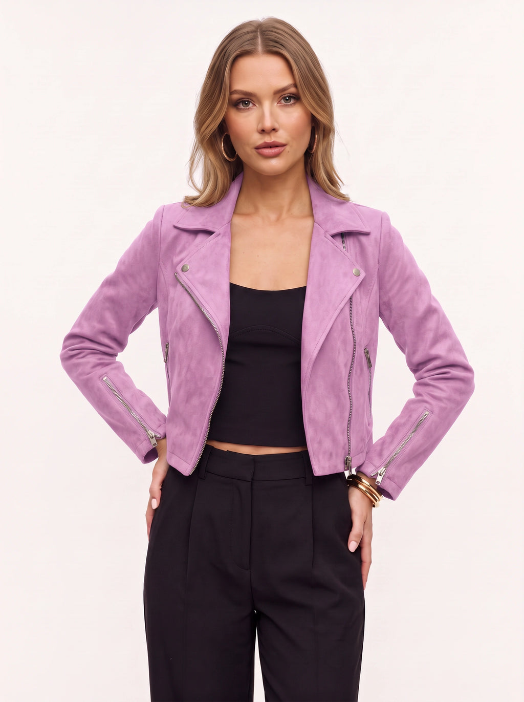 Diagyn Suede Biker Jacket – Women Cropped Moto Jacket Fall Casual Evening Streetwear Asymmetric Zip Jacket