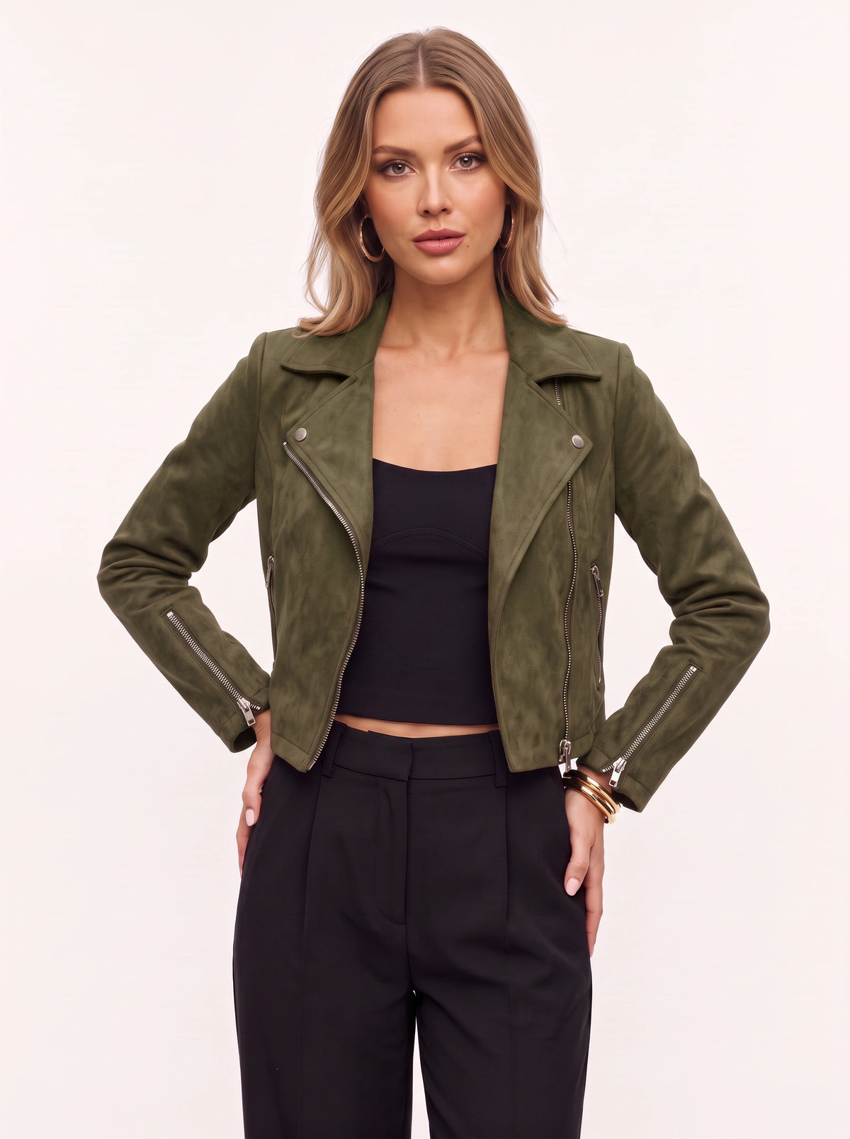 Diagyn Suede Biker Jacket – Women Cropped Moto Jacket Fall Casual Evening Streetwear Asymmetric Zip Jacket