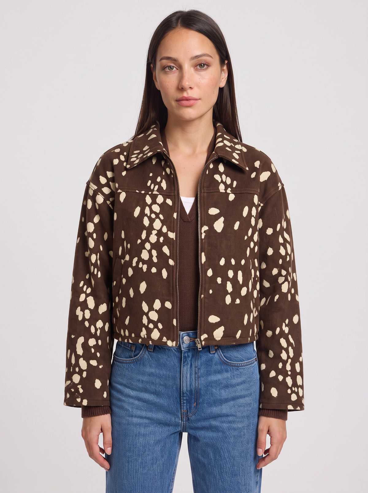 Fawnpeck Spotted Crop Bomber Jacket – Printed Zip Front Women Casual Autumn Streetwear Cropped Jacket
