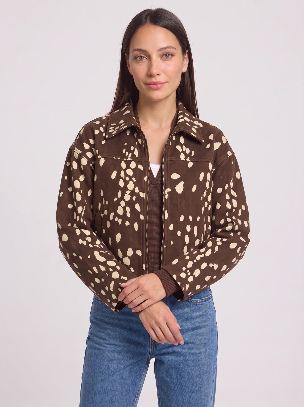Fawnpeck Spotted Crop Bomber Jacket – Printed Zip Front Women Casual Autumn Streetwear Cropped Jacket
