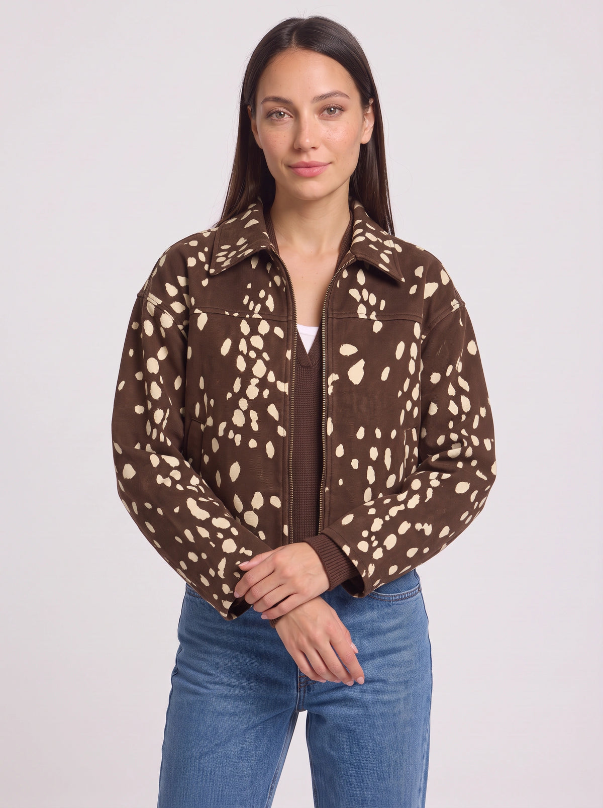 Fawnpeck Spotted Crop Bomber Jacket – Printed Zip Front Women Casual Autumn Streetwear Cropped Jacket