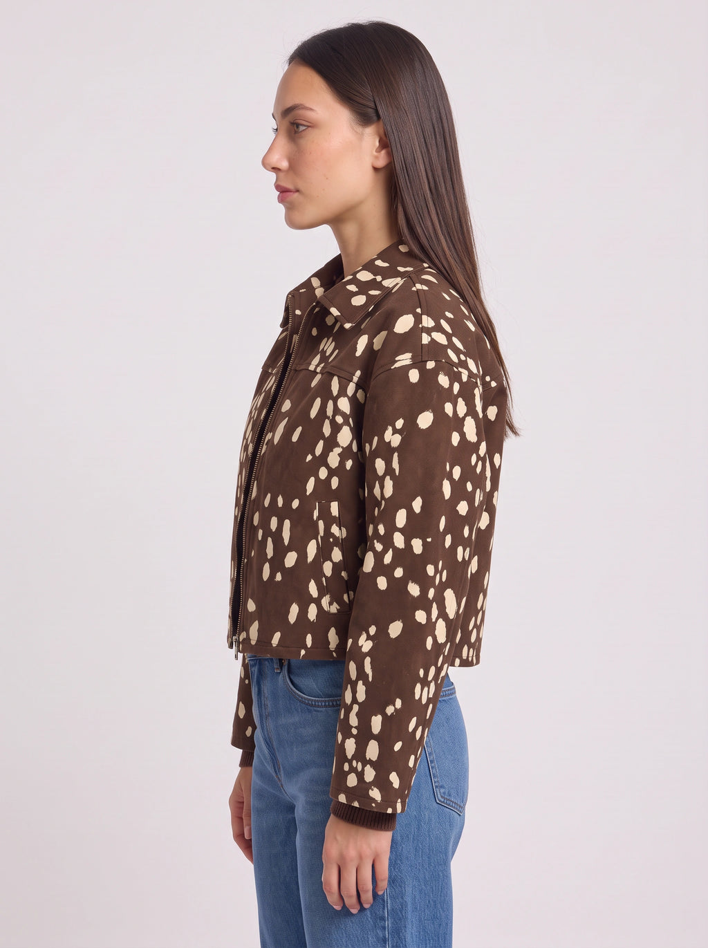 Fawnpeck Spotted Crop Bomber Jacket – Printed Zip Front Women Casual Autumn Streetwear Cropped Jacket