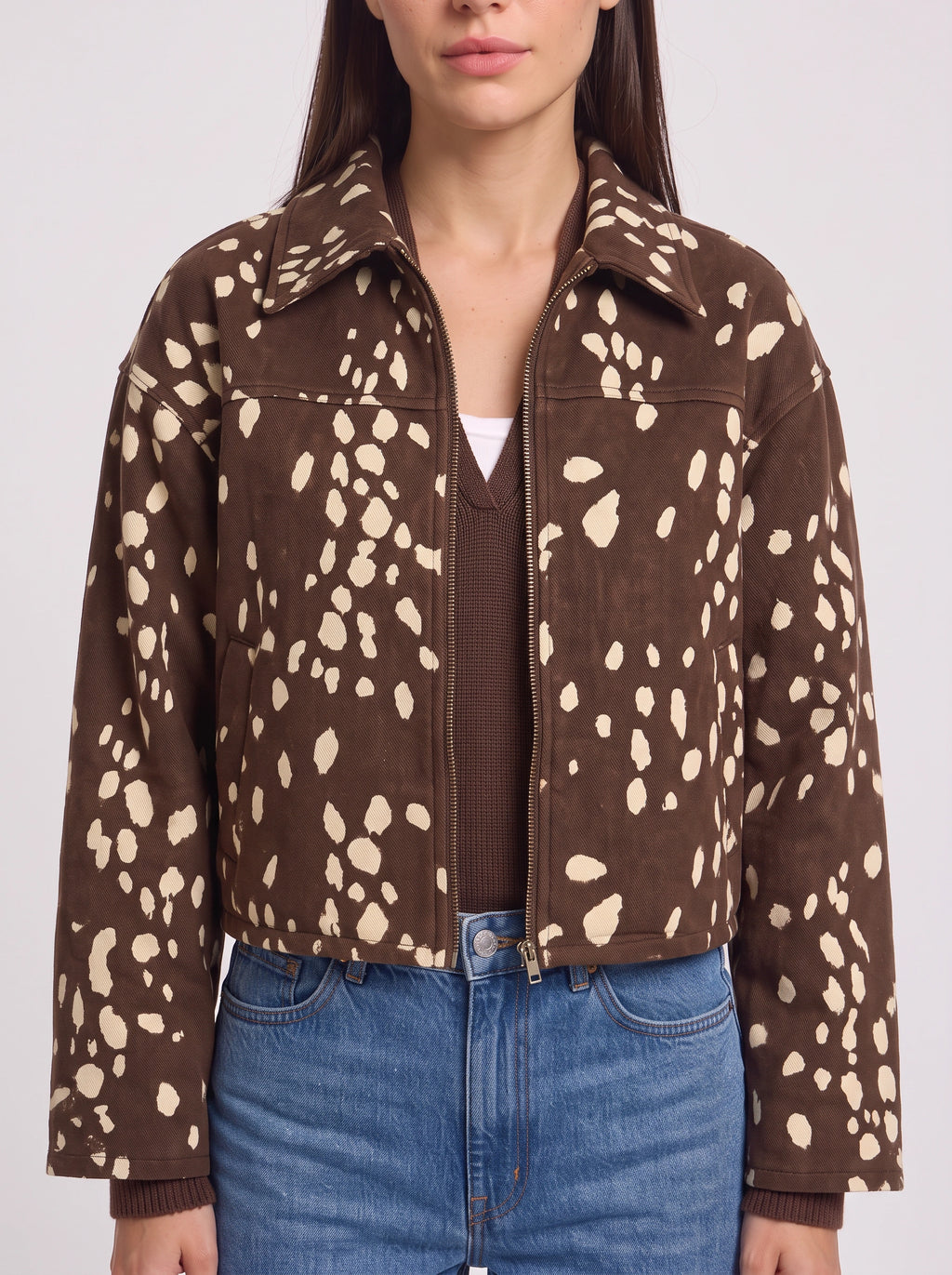Fawnpeck Spotted Crop Bomber Jacket – Printed Zip Front Women Casual Autumn Streetwear Cropped Jacket