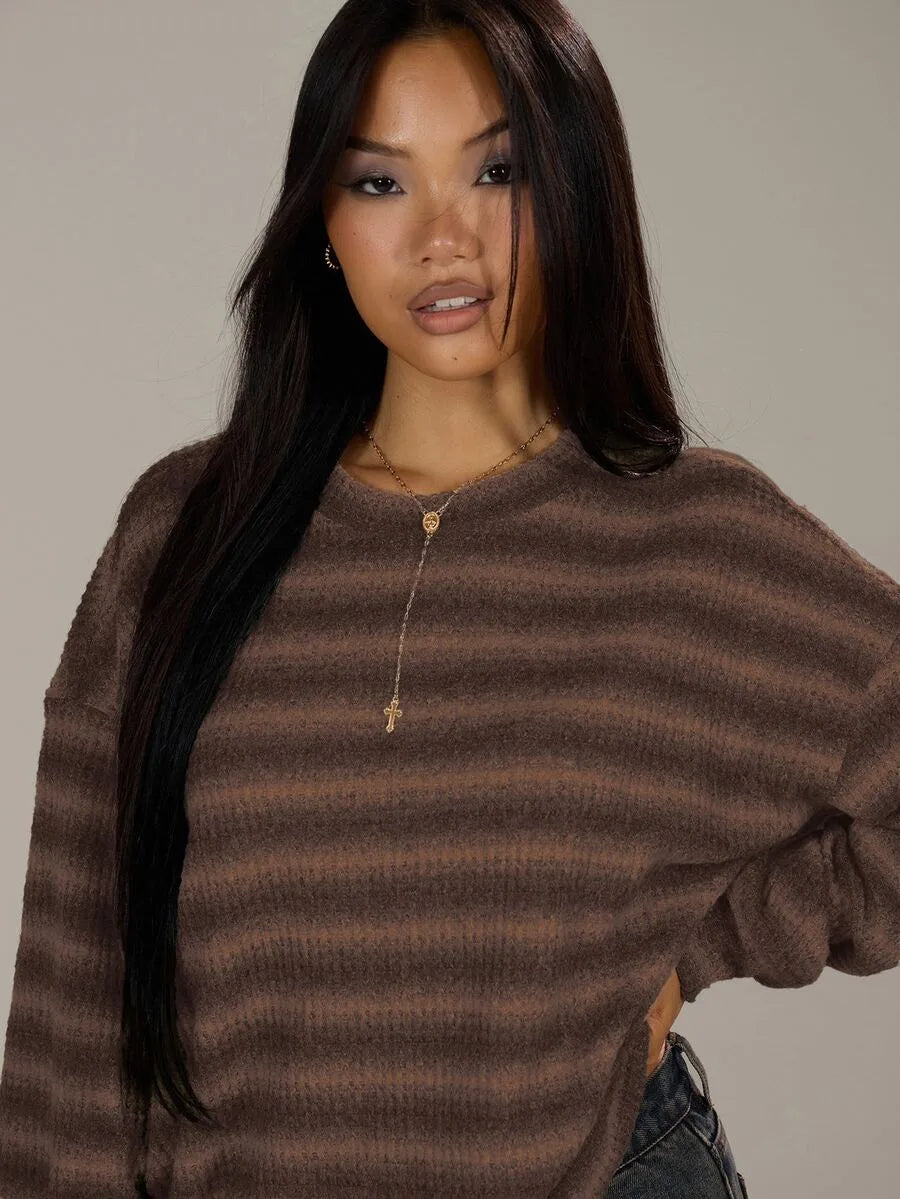 Shadria Oversized Striped Crew Neck Jumper – Striped Knitwear Women Oversized Knit Sweater Casual Longline Top