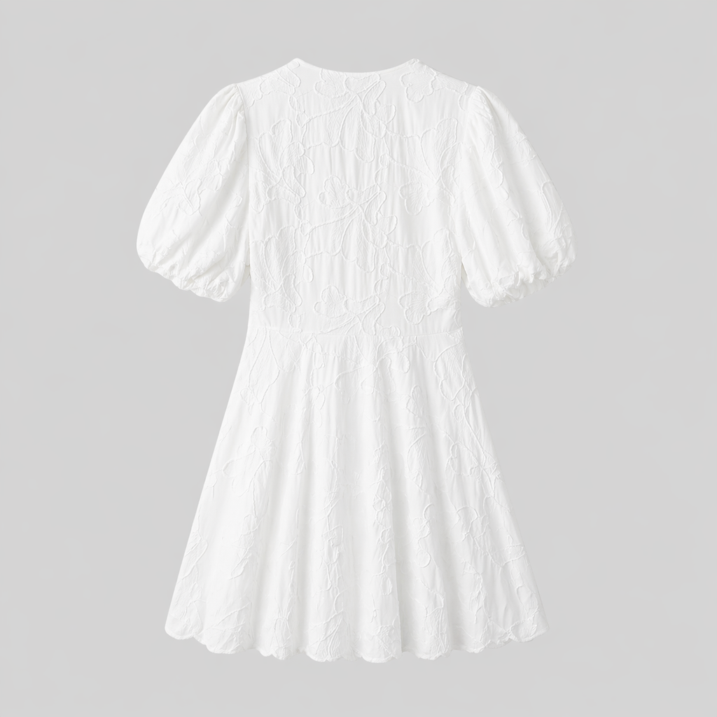 Embria Puff Sleeve Midi Dress – White Embroidered Women Wedding Guest Party Elegant Puff Sleeve Dress