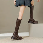 Stythen Knee-High Platform Boots – Leather Block Heel Side Zip Women Knee High Boots