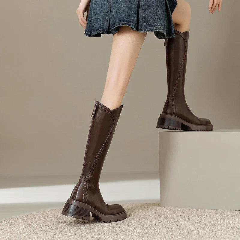 Stythen Knee-High Platform Boots – Leather Block Heel Side Zip Women Knee High Boots