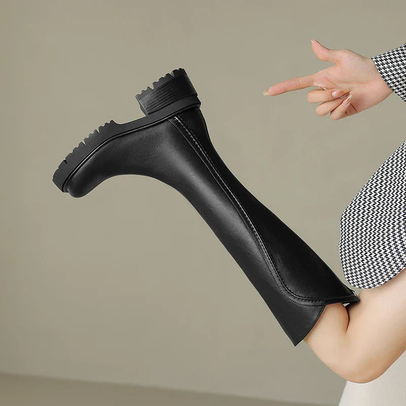 Stythen Knee-High Platform Boots – Leather Block Heel Side Zip Women Knee High Boots