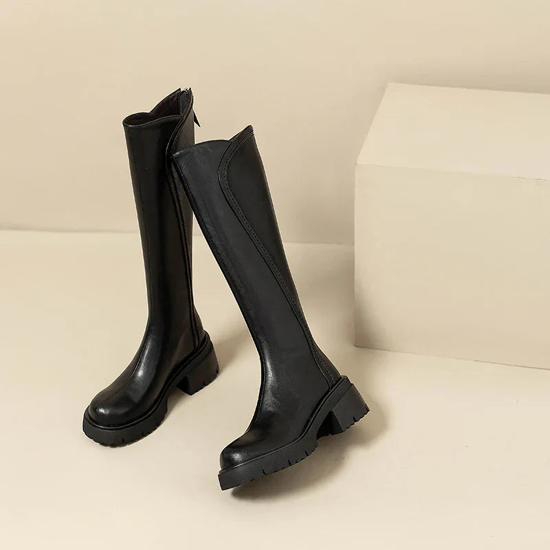 Stythen Knee-High Platform Boots – Leather Block Heel Side Zip Women Knee High Boots