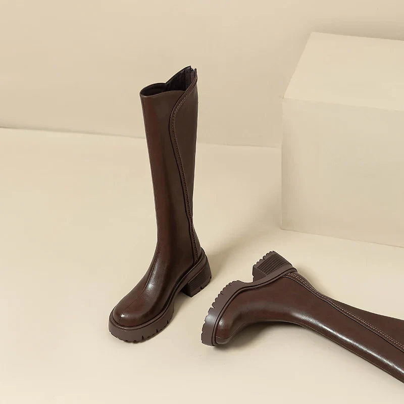Stythen Knee-High Platform Boots – Leather Block Heel Side Zip Women Knee High Boots