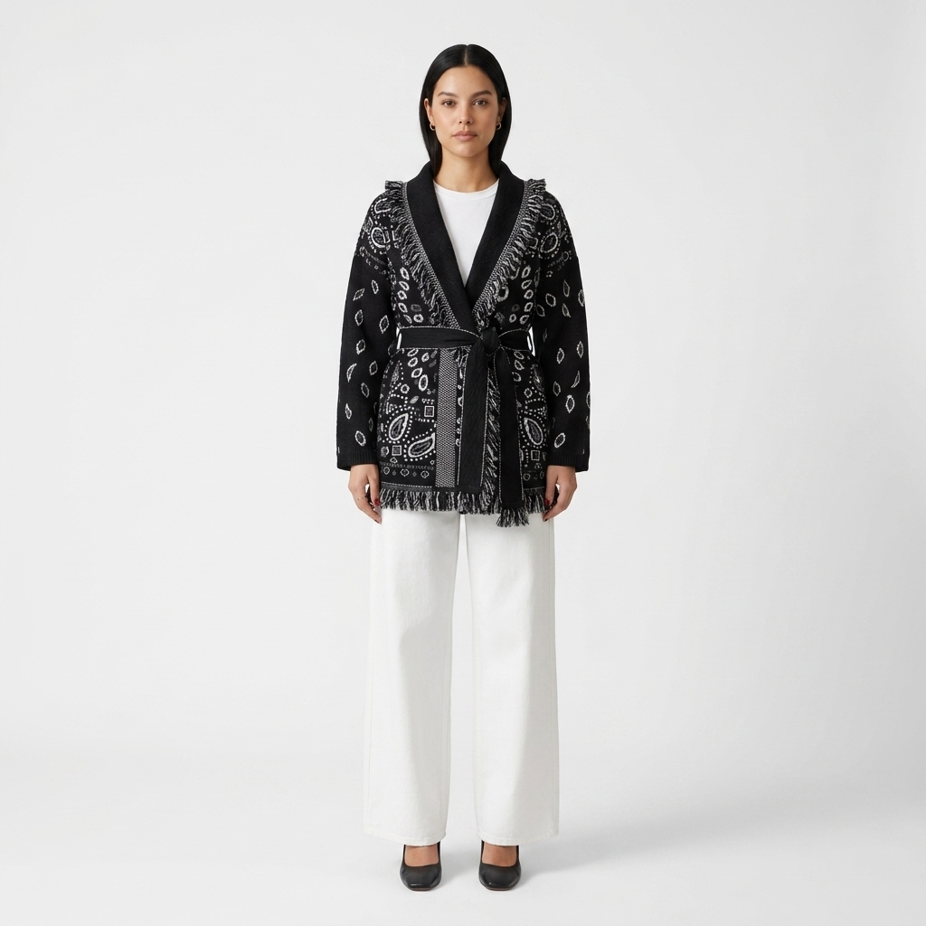Paselya Paisley Jacquard V-Neck Knit Cardigan – Fringe Trim Women Oversized Boho Casual Autumn Longline Cardigan