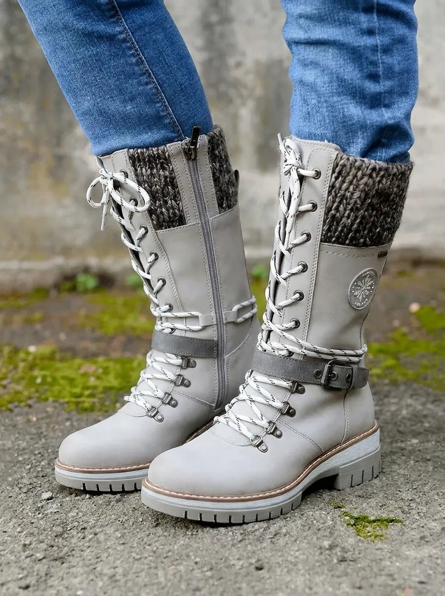 Knitara Knitted Lace-Up Calf Boots – Women Combat Chunky Platform Winter Casual Streetwear Boots