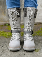 Knitara Knitted Lace-Up Calf Boots – Women Combat Chunky Platform Winter Casual Streetwear Boots