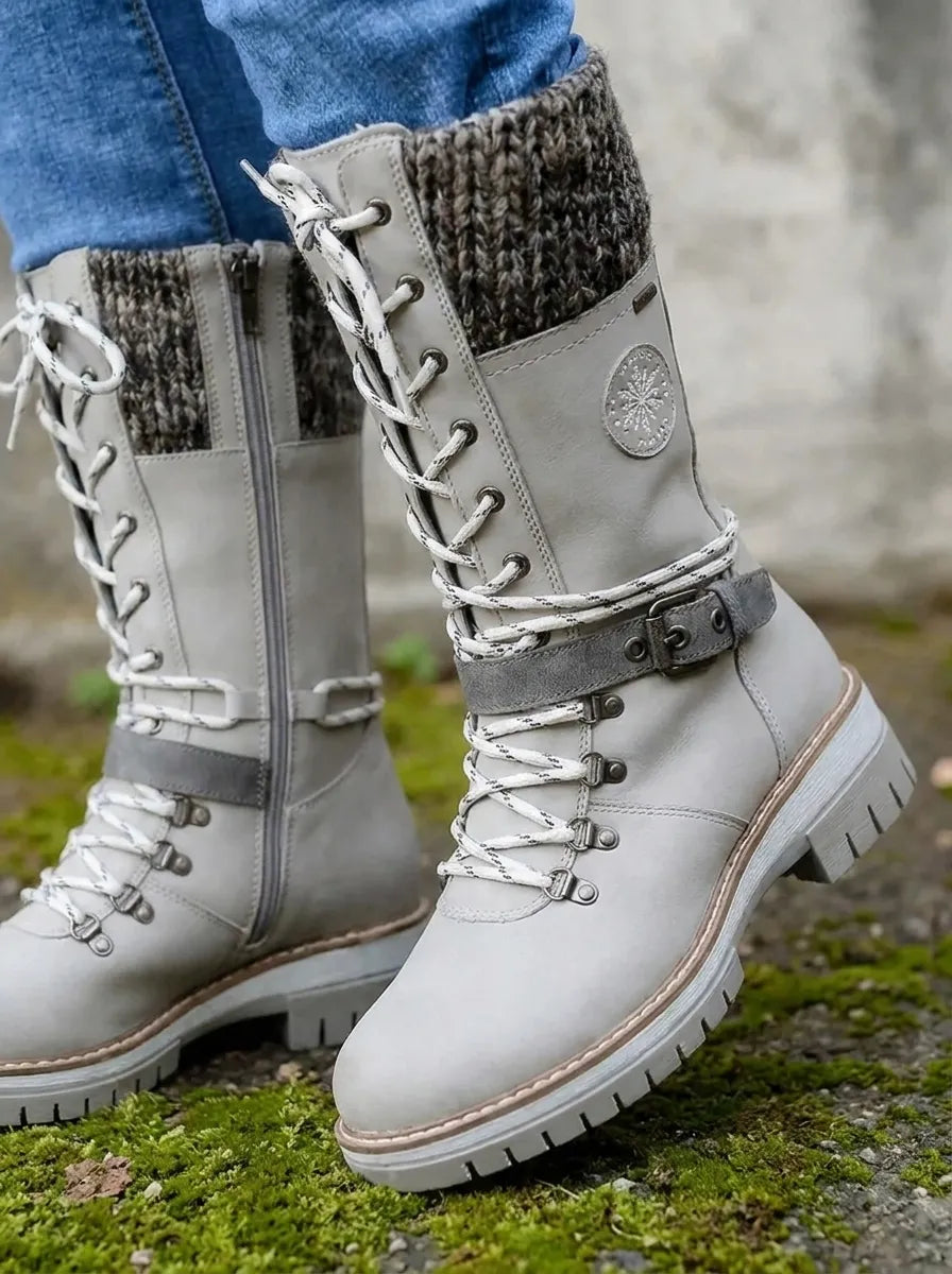 Knitara Knitted Lace-Up Calf Boots – Women Combat Chunky Platform Winter Casual Streetwear Boots
