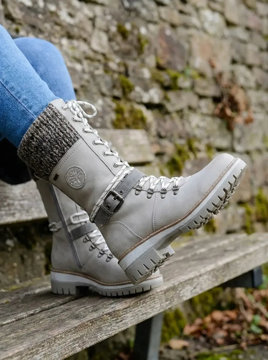 Knitara Knitted Lace-Up Calf Boots – Women Combat Chunky Platform Winter Casual Streetwear Boots