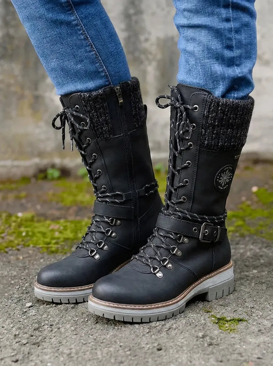 Knitara Knitted Lace-Up Calf Boots – Women Combat Chunky Platform Winter Casual Streetwear Boots