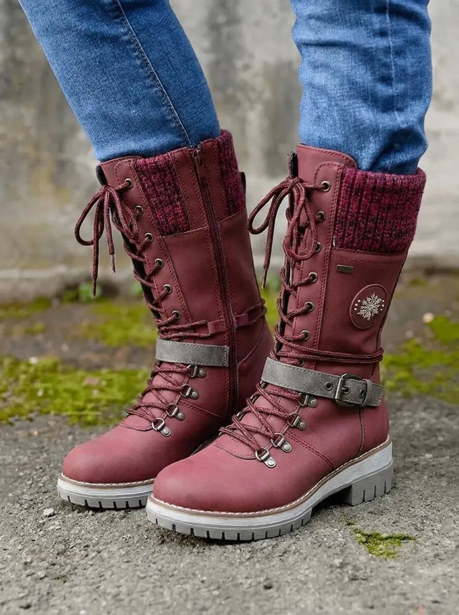 Knitara Knitted Lace-Up Calf Boots – Women Combat Chunky Platform Winter Casual Streetwear Boots