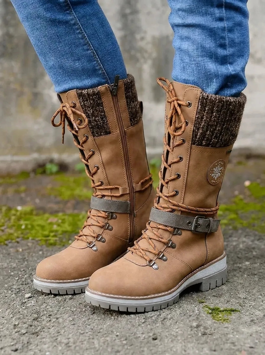 Knitara Knitted Lace-Up Calf Boots – Women Combat Chunky Platform Winter Casual Streetwear Boots