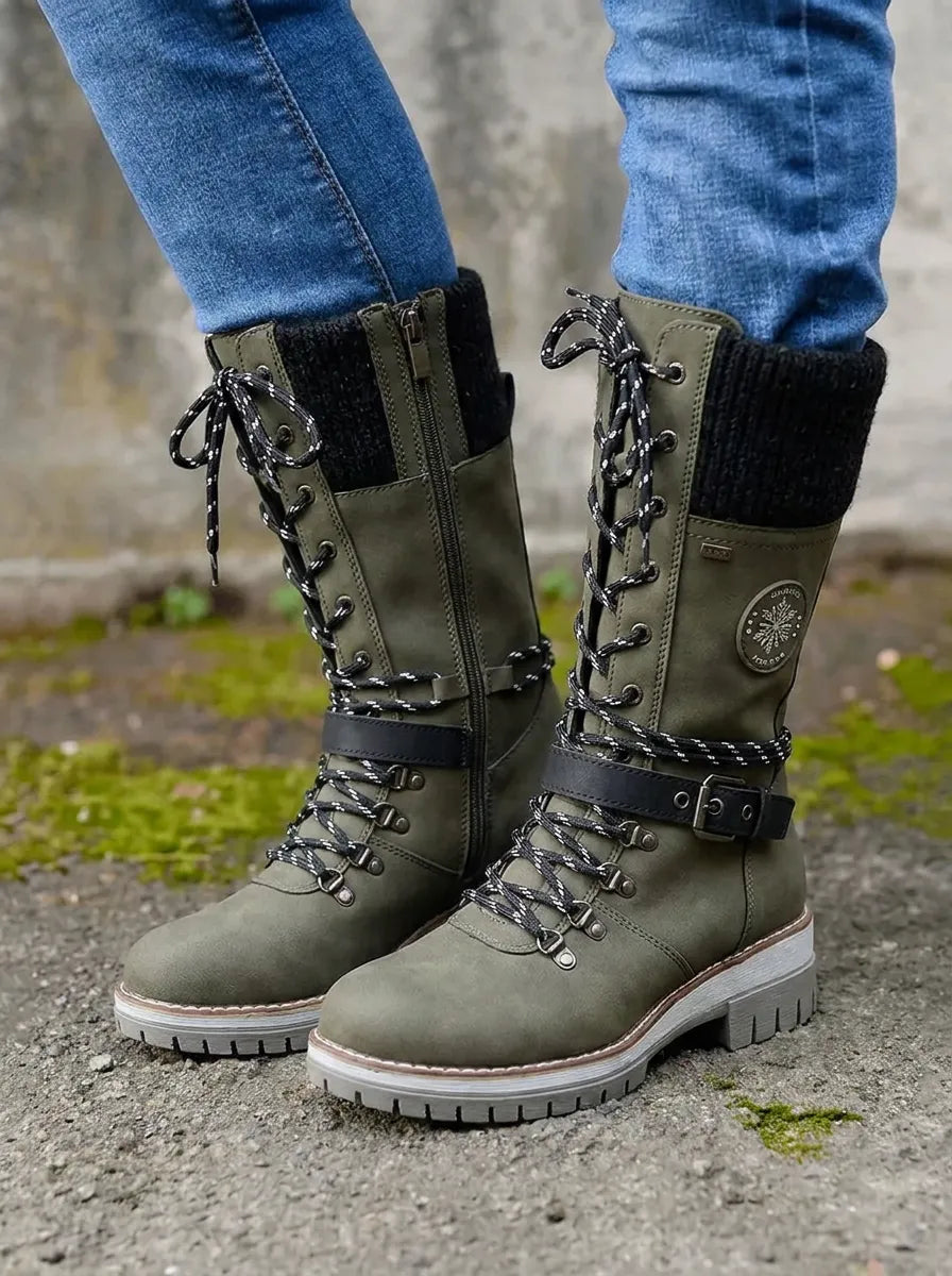 Knitara Knitted Lace-Up Calf Boots – Women Combat Chunky Platform Winter Casual Streetwear Boots