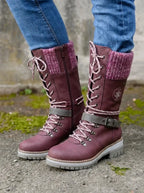 Knitara Knitted Lace-Up Calf Boots – Women Combat Chunky Platform Winter Casual Streetwear Boots