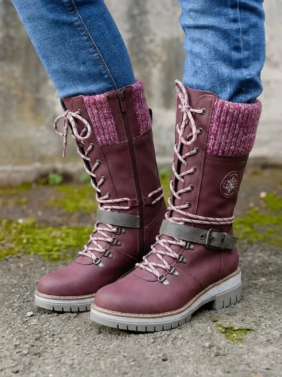 Knitara Knitted Lace-Up Calf Boots – Women Combat Chunky Platform Winter Casual Streetwear Boots