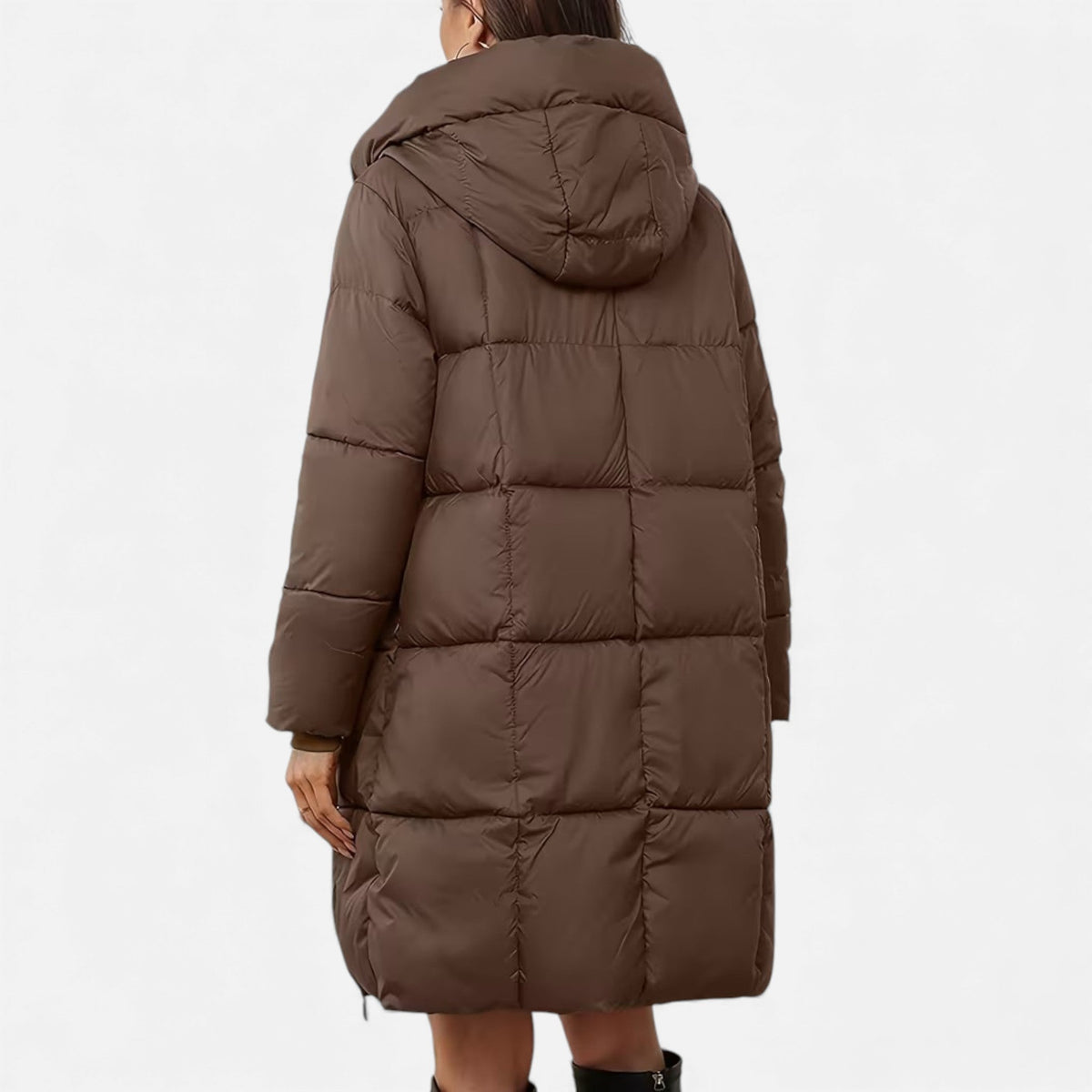 Curvape Hooded Longline Puffer Coat – Quilted Padded Women Winter Casual Zip Front Pocket Coat