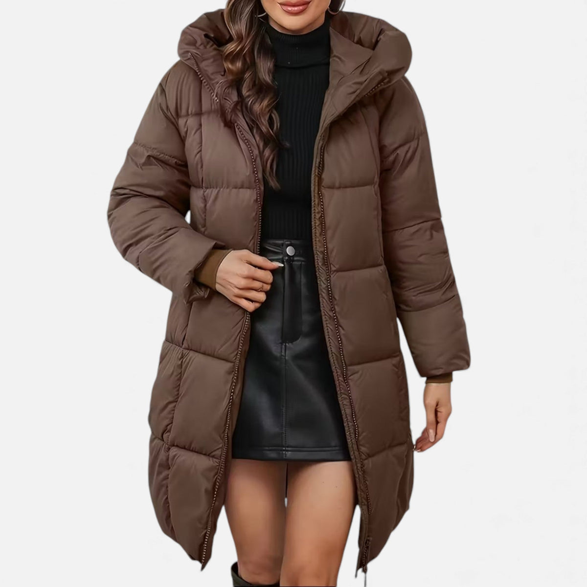Curvape Hooded Longline Puffer Coat – Quilted Padded Women Winter Casual Zip Front Pocket Coat