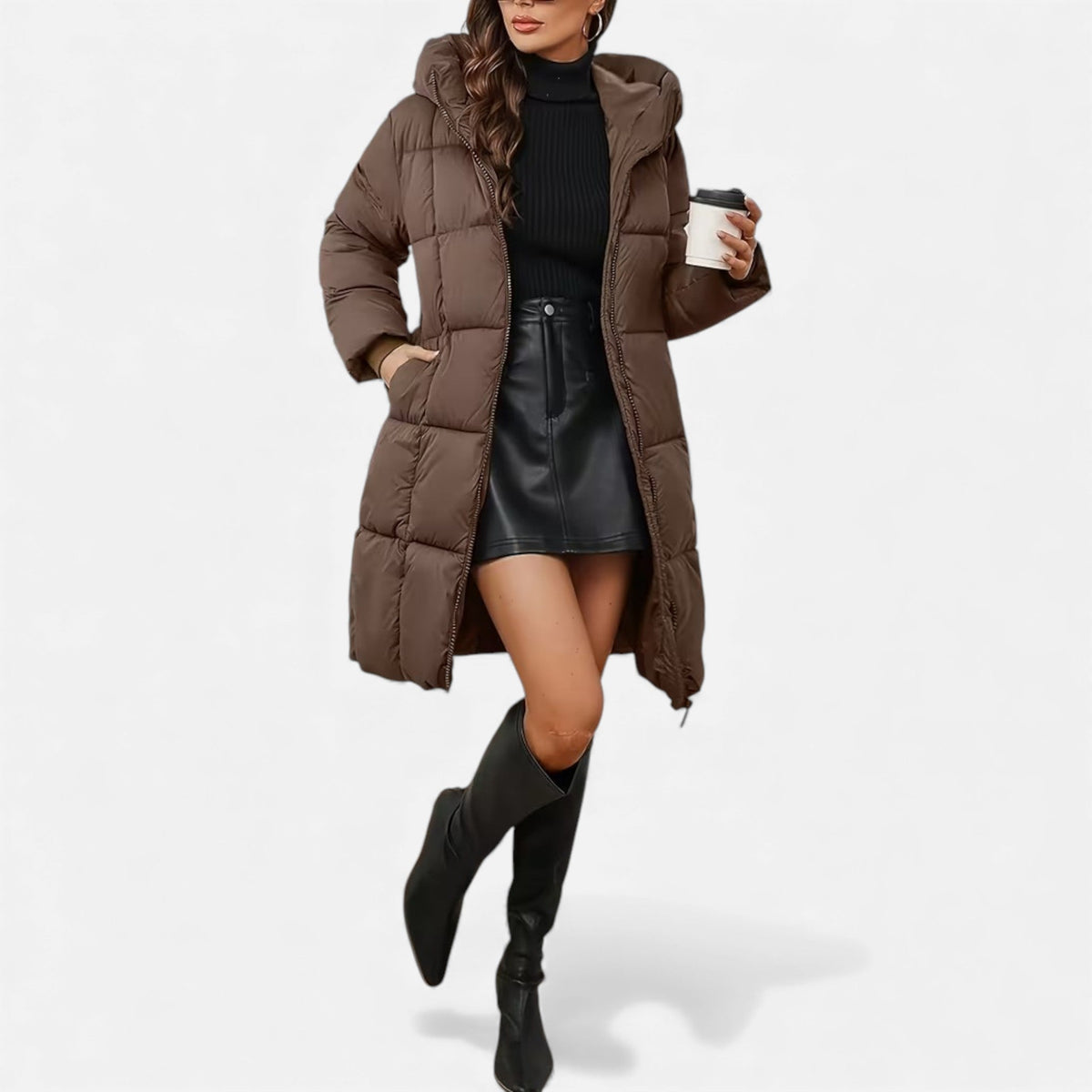 Curvape Hooded Longline Puffer Coat – Quilted Padded Women Winter Casual Zip Front Pocket Coat