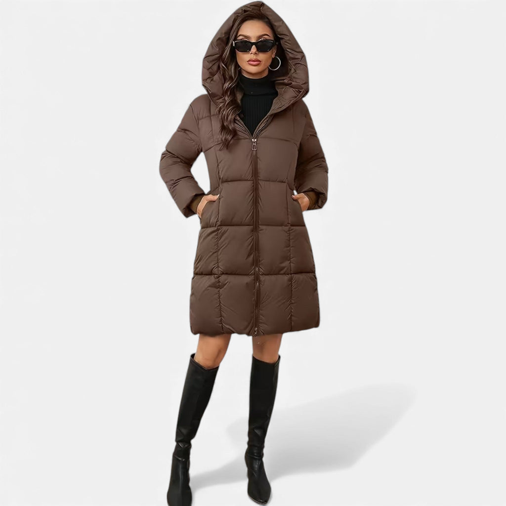 Curvape Hooded Longline Puffer Coat – Quilted Padded Women Winter Casual Zip Front Pocket Coat