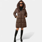 Curvape Hooded Longline Puffer Coat – Quilted Padded Women Winter Casual Zip Front Pocket Coat
