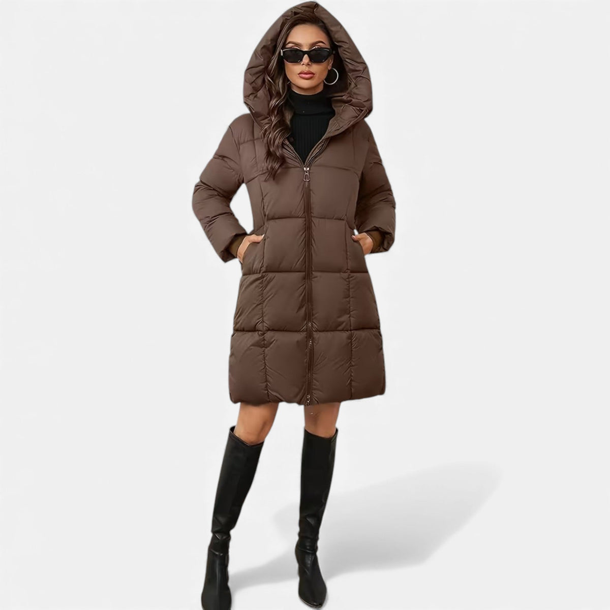 Curvape Hooded Longline Puffer Coat – Quilted Padded Women Winter Casual Zip Front Pocket Coat
