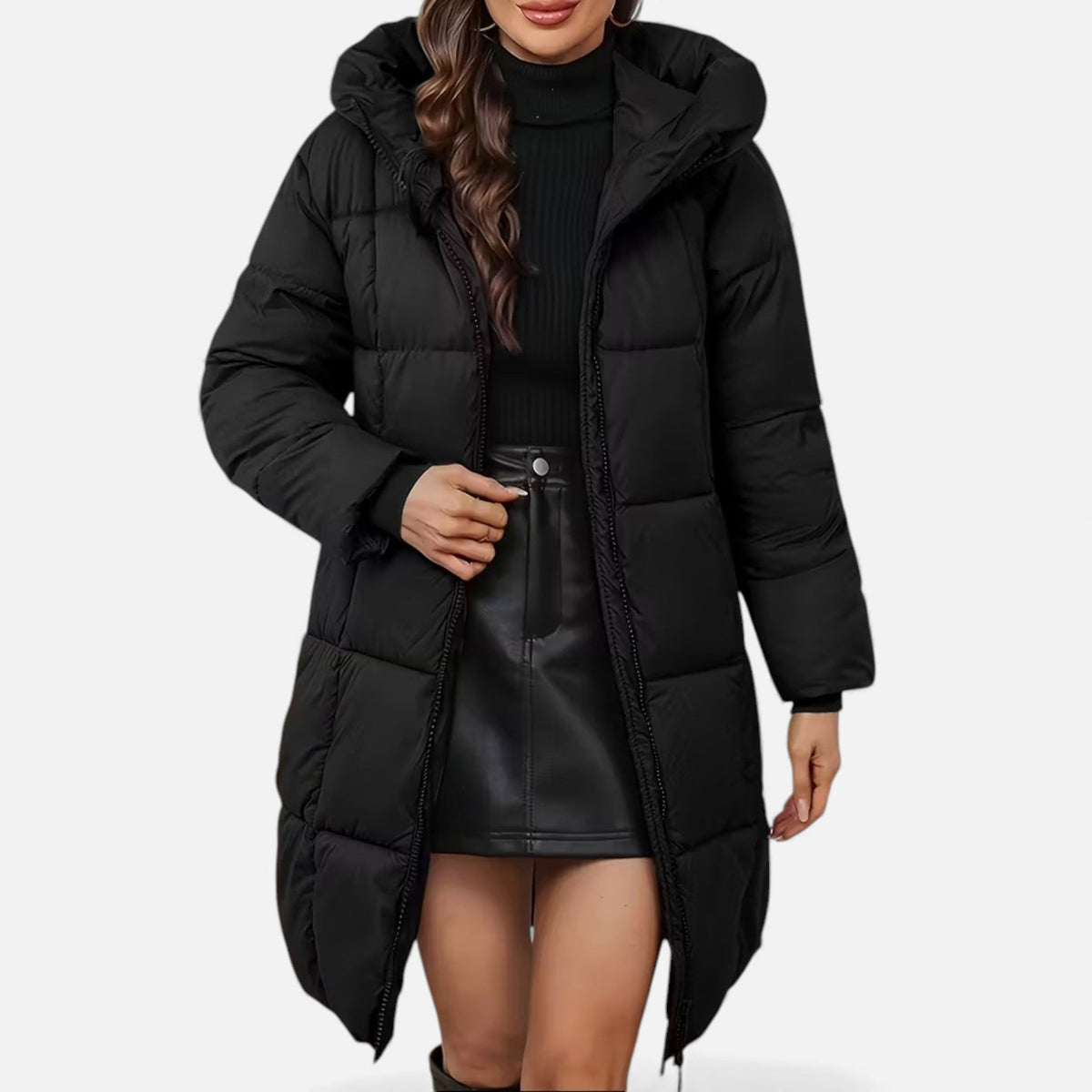 Curvape Hooded Longline Puffer Coat – Quilted Padded Women Winter Casual Zip Front Pocket Coat