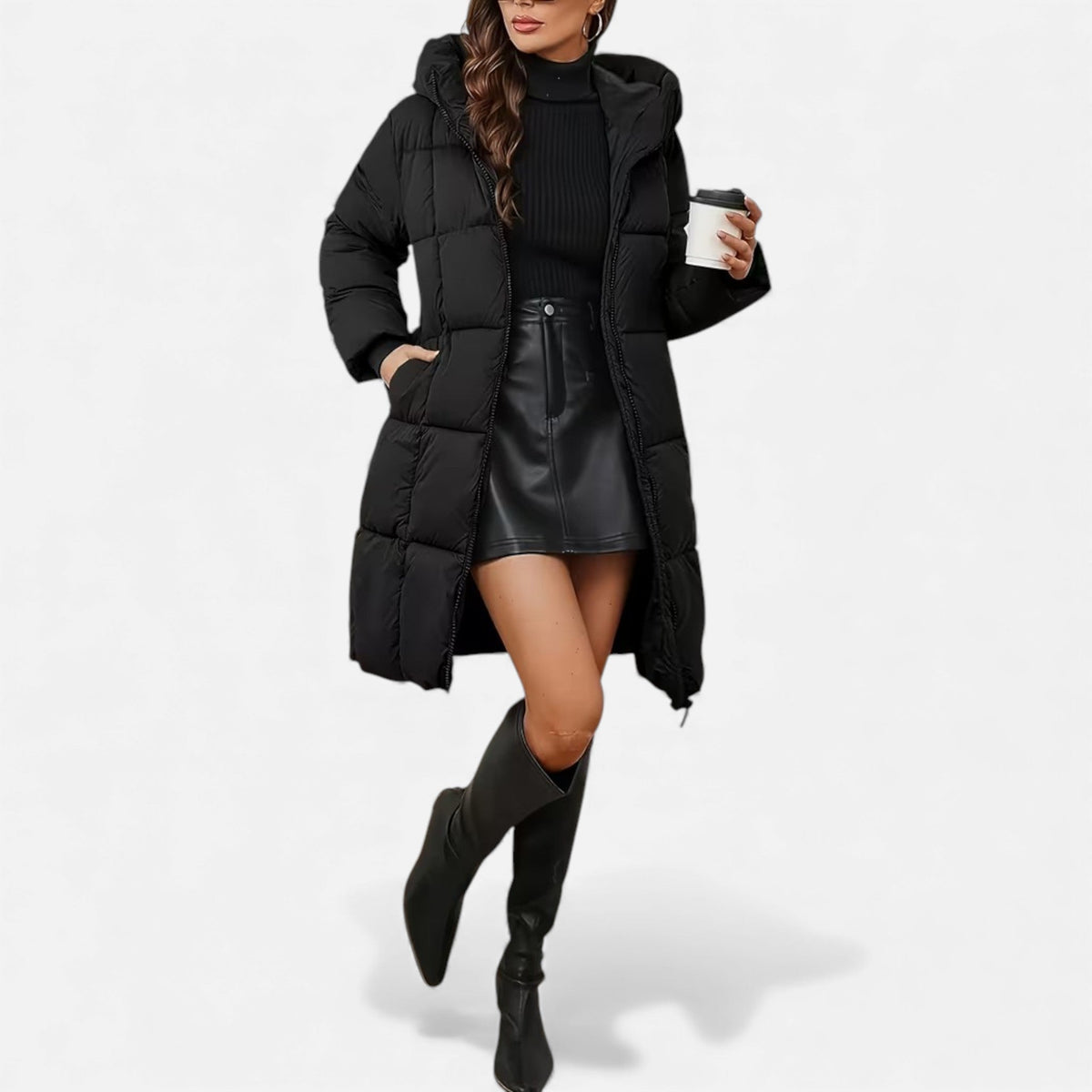 Curvape Hooded Longline Puffer Coat – Quilted Padded Women Winter Casual Zip Front Pocket Coat