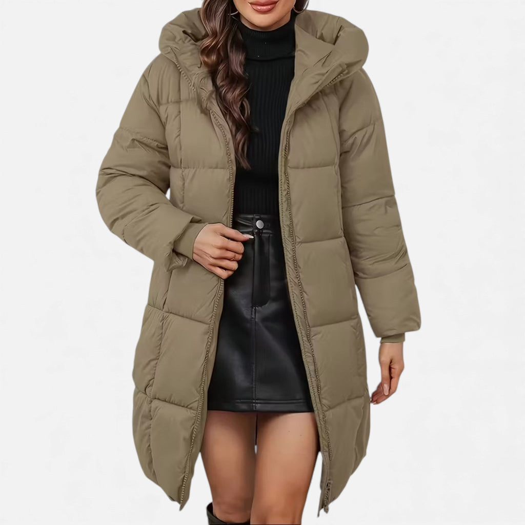 Curvape Hooded Longline Puffer Coat – Quilted Padded Women Winter Casual Zip Front Pocket Coat