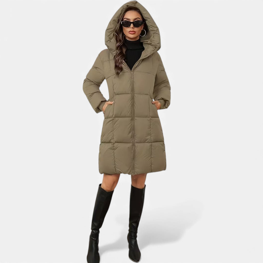 Curvape Hooded Longline Puffer Coat – Quilted Padded Women Winter Casual Zip Front Pocket Coat